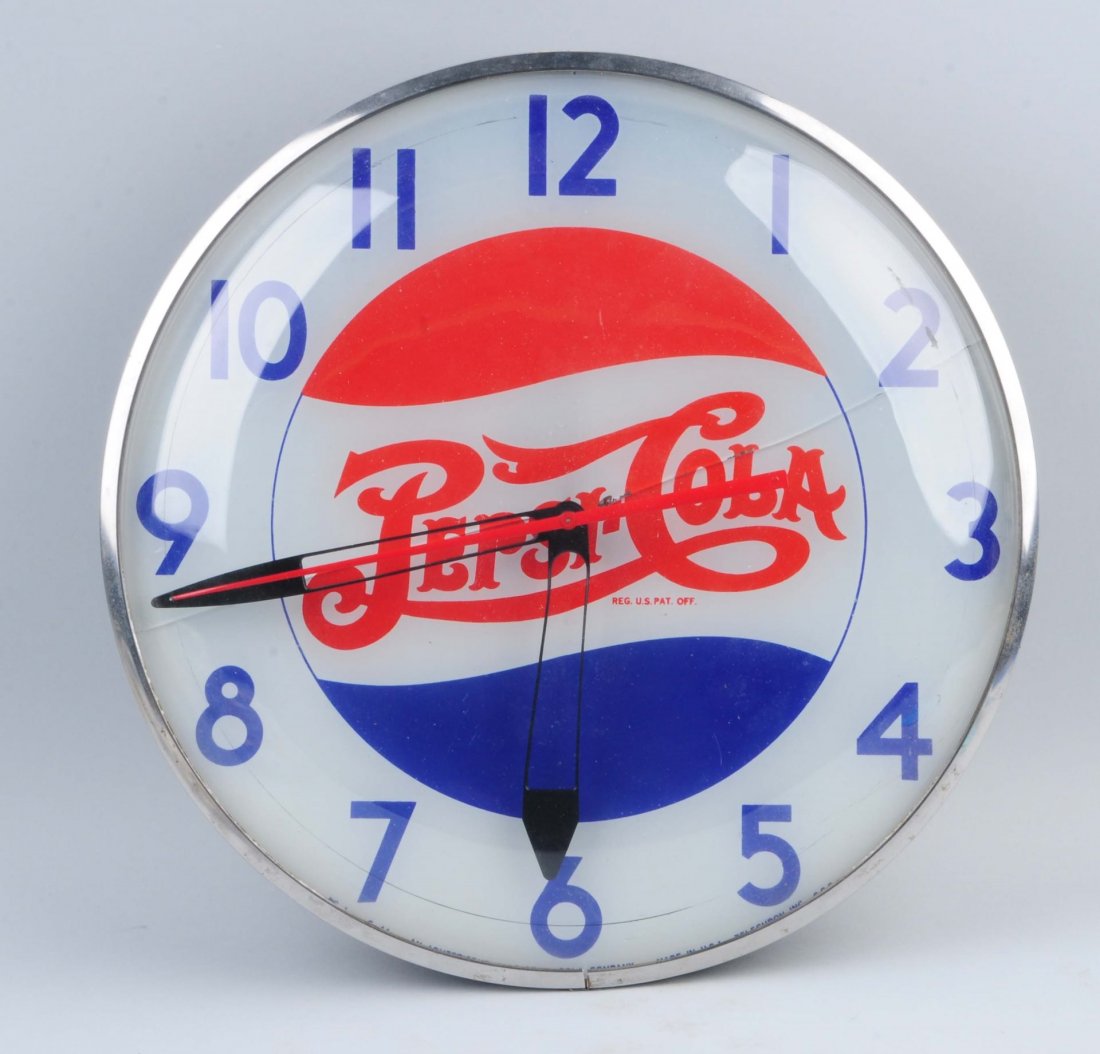Pepsi - Cola Electric Clock.: This Pepsi clock has some soiling and a damaged cord, and a crack across the face. Condition (Very Good Plus). Size 15 - 1/2" Dia.