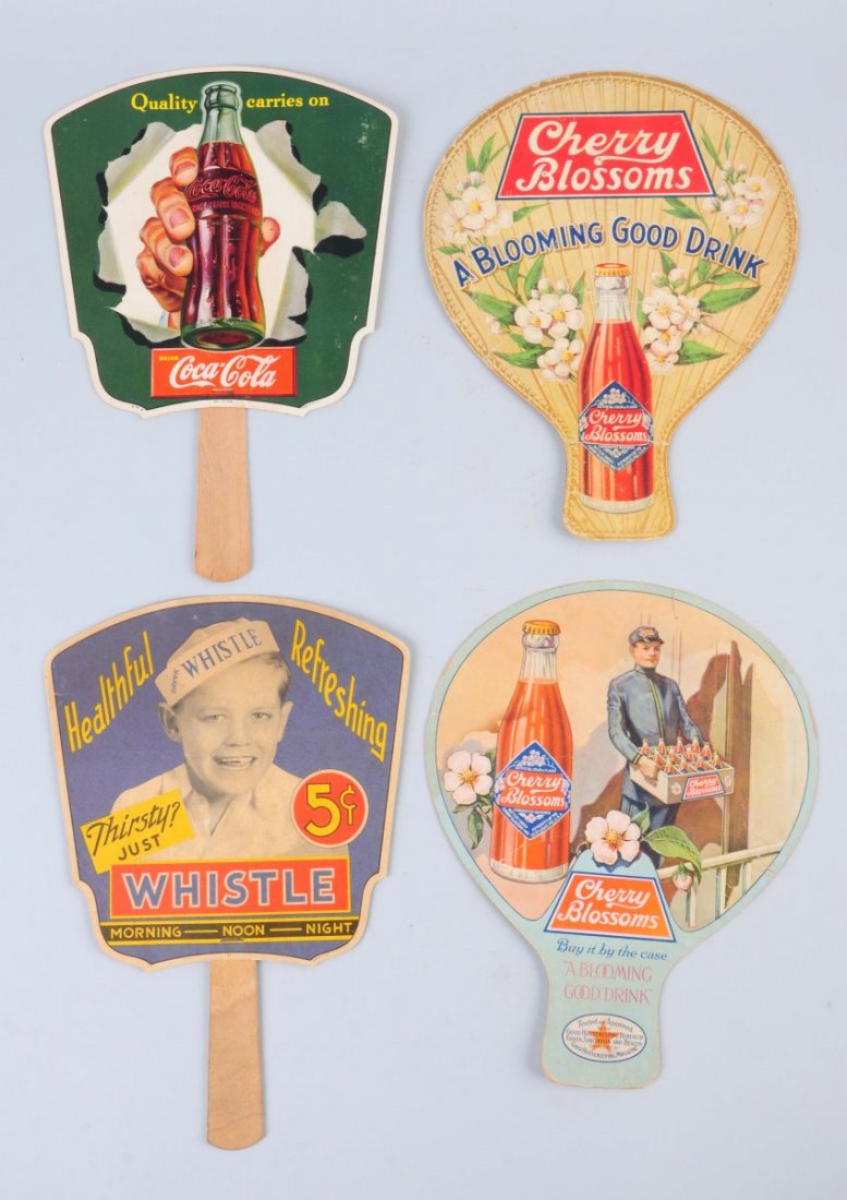 Lot Of 4: Soda Advertising Fans.: This lot includes a Coca-Cola fan, a Whistle fan, and two Cherry Blossoms fans. Only minor wear overall. Nice group. Condition (Very Good Plus). Size Largest : 11 -1/4' L.