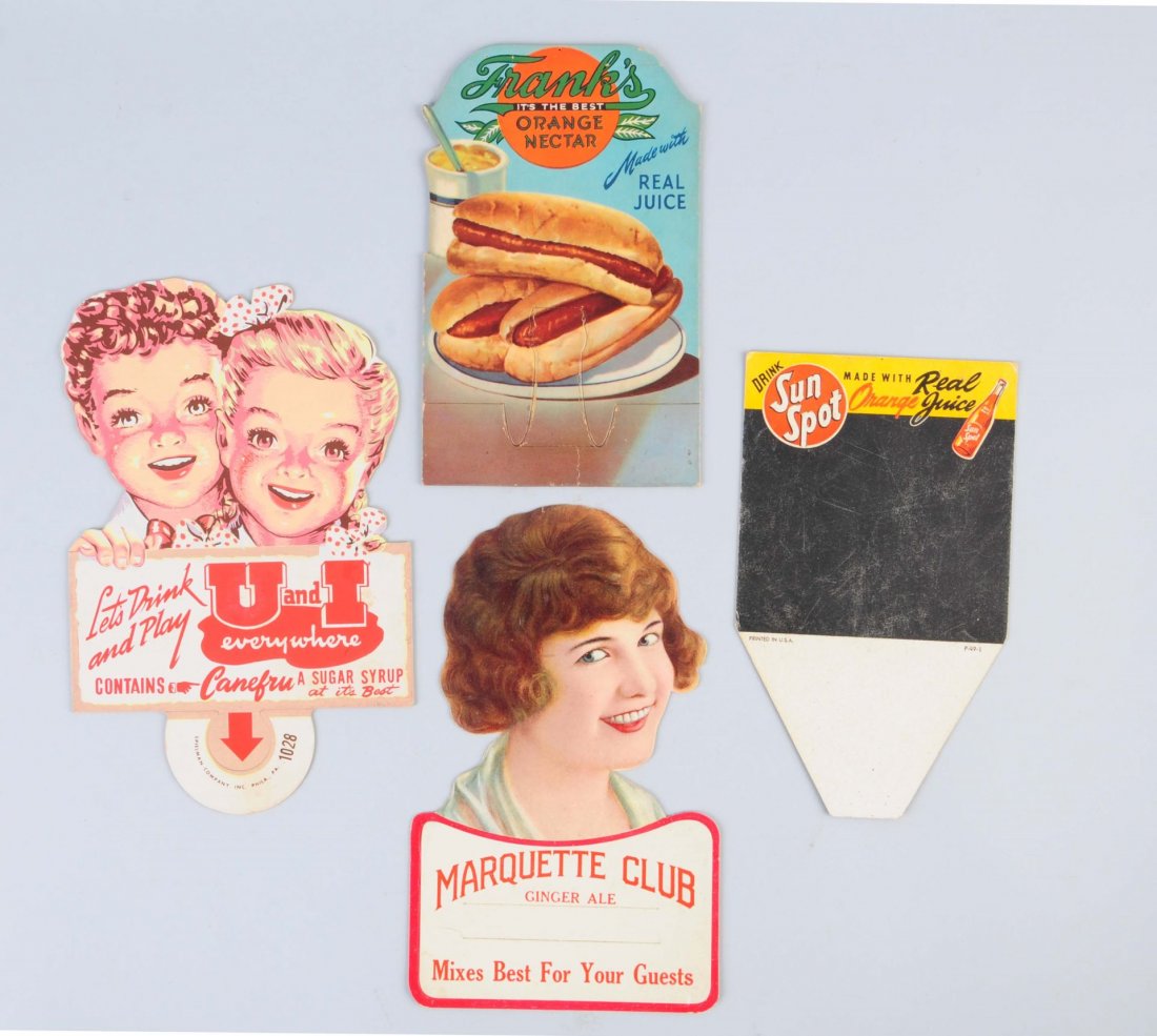Lot Of 4: Assorted Soda Advertising Signs.: All exhibit light handling wear while the franks nectar topper has a fold line. Condition (Very Good - Excellent). Size Largest : 10" L.