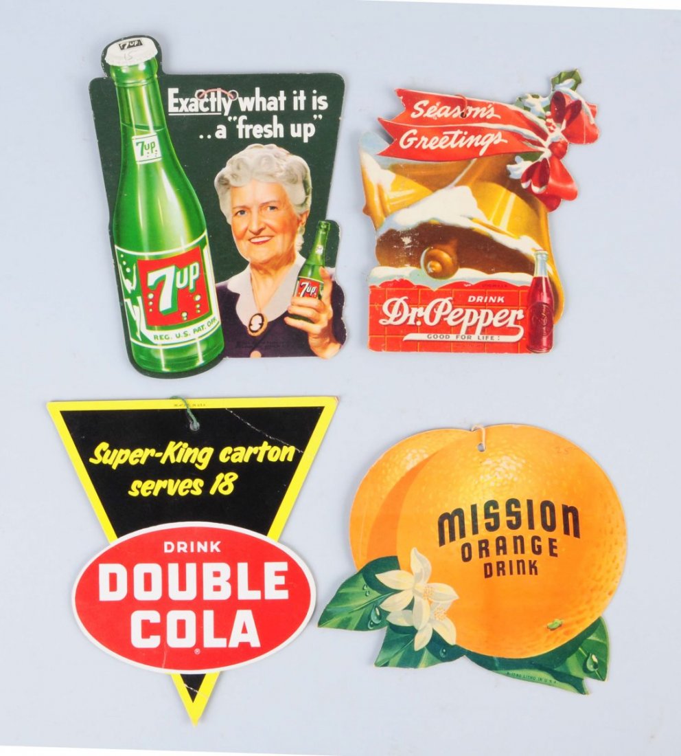 Lot Of 4: Assorted Soda Fan Pulls.: Included are Double Cola, 7-Up, Dr Pepper and Mission Orange. A few fold lines on the Double Cola, while the rest have little to no wear Condition (Very Good - Excellent). Size Largest : 7 -1/4" L.