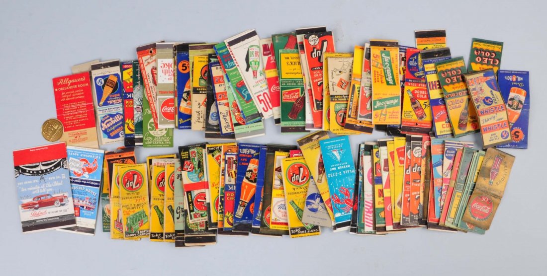 Large Lot Of Assorted Soda Matchebook Covers.: Over 80 pieces. All empty. This group is represented by Coke, 7-Up, Nesbitts and many others. All flat covers. Many nicer older covers. Great images! Condition (Very Good Plus). Size Largest : 4 -1/2"