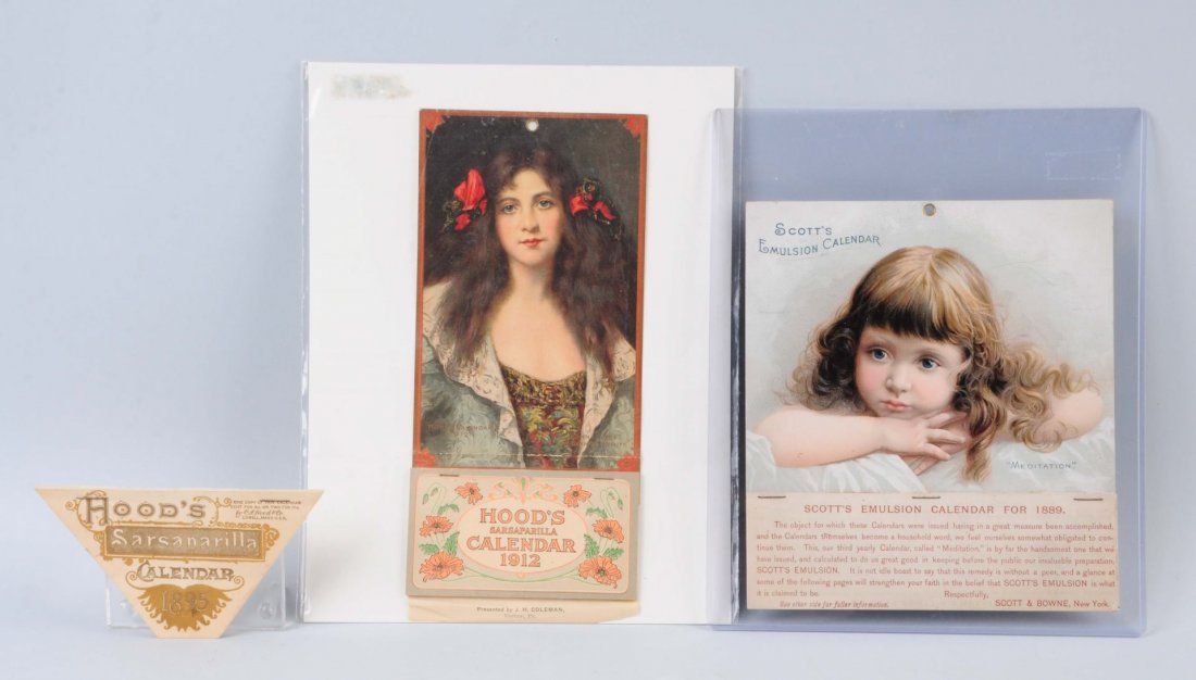 Lot Of 3: Calendars From Scotts Emulsion & Hoods.: Scotts Emulsion piece has almost no wear and has a strong image with clean edges. The hoods calendar is complete with a pronounced fold mark above the staples. The last piece is a bottom part of a 189