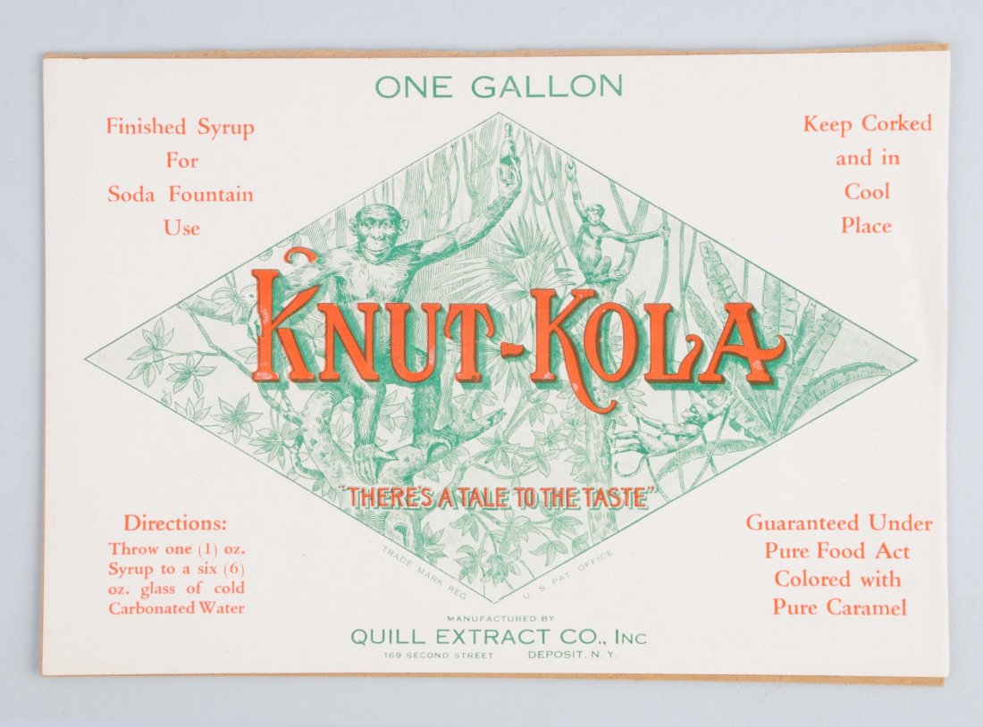 Knut -Kola Soda One Gallon Label.: This great label depicts monkeys in trees. Very clean and bright. A great label! Condition (Excellent). Size 9" x 6".