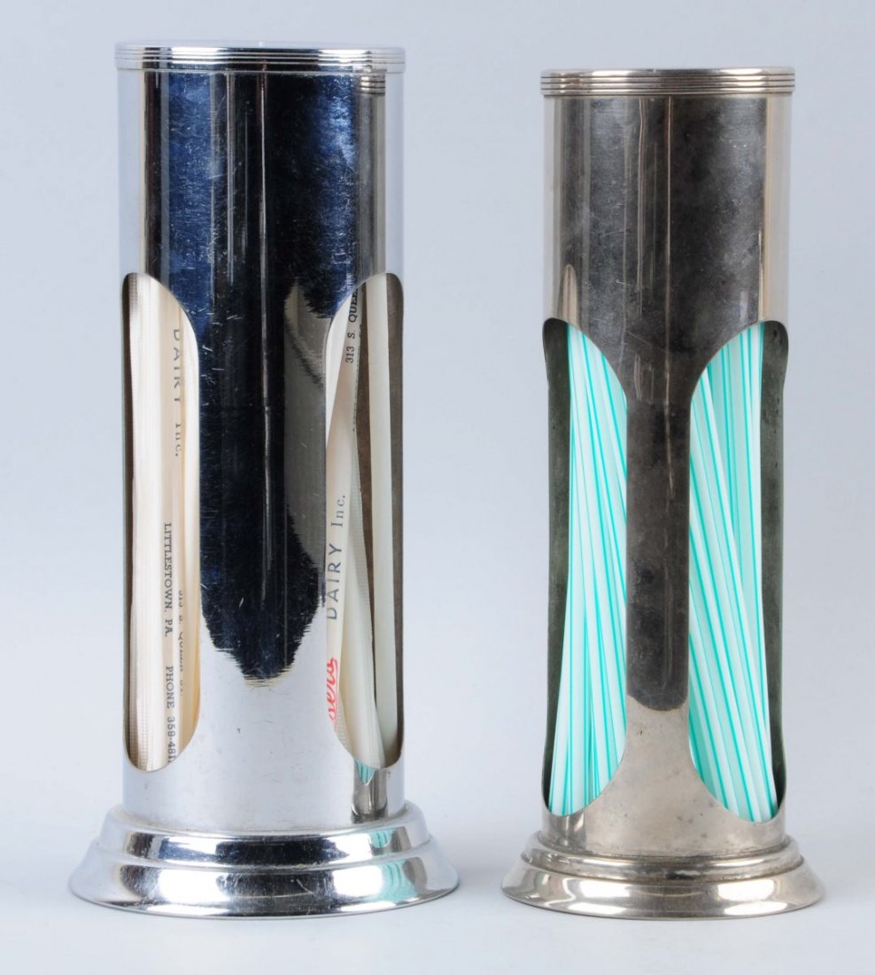 Lot Of 2: Metal Straw Holders By Benedict Mfg Co.: Light wear to both pieces and the thinner straw holder has a few shallow dents to the lid. Circa 1927. Condition (Excellent). Size Largest: 10 - 1/2" T.