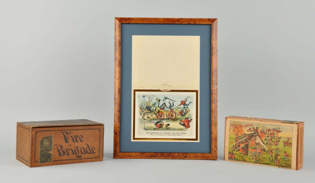 Lot Of 3: Fire Brigade Cigar Black Adv. Items.: This lot includes a framed Darktown Fire Brigade calendar and two cigar boxes with labels. Minor loss to the labels. Condition (Very Good Plus). Size Largest : 17" x 12 -1/4" .