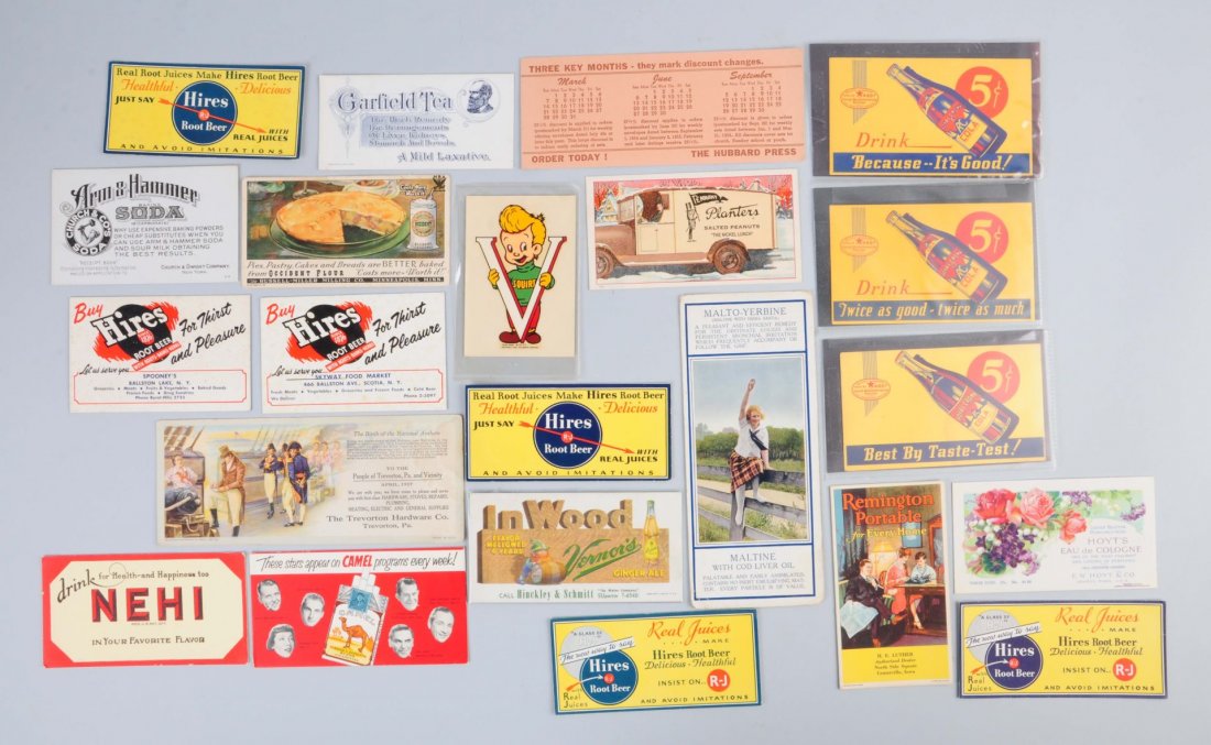 Lot Of Advertising Blotters.: 1940's - 50's. This lot includes blotters advertising Hires Root Beer, RC Cola, Camel Cigarettes, Planters Peanuts and other items. Little wear. Condition (Very Good - Excellent). Size Largest : 9" L.