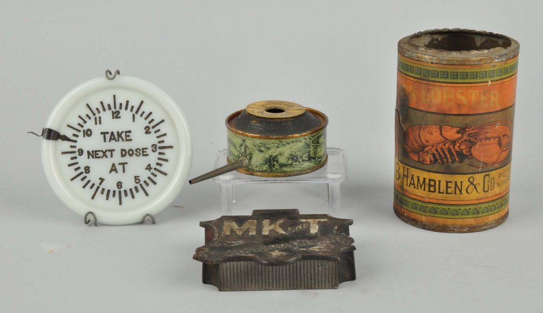Lot Of 4: Advertising Items.: This lot includes a MK & T Railroad covered box and several other items. Condition (Very Good). Size Largest: 4 - 3/4" T.