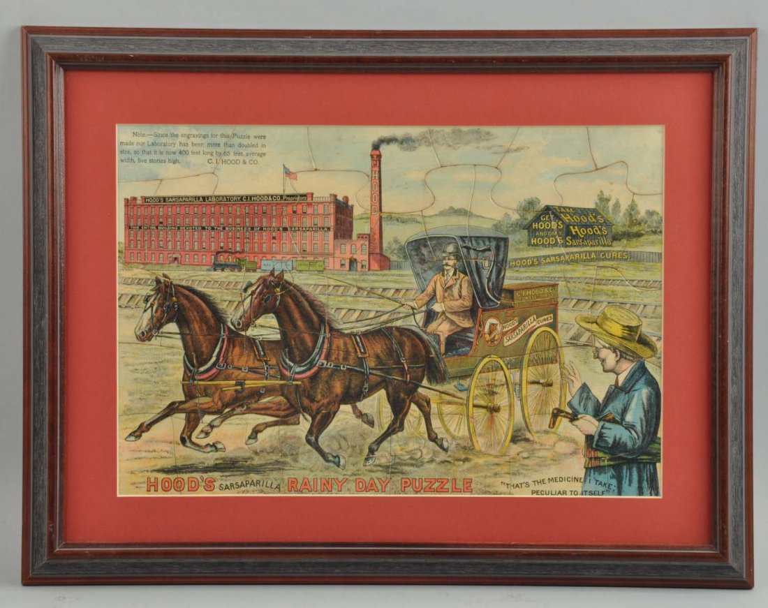 Hood's Sarsaparilla Rainy Day Puzzle.: This Hood's jigsaw puzzle is complete and framed under glass. Only very minor soiling. Condition (Very Good Plus). Size 15" T. x 20" L.