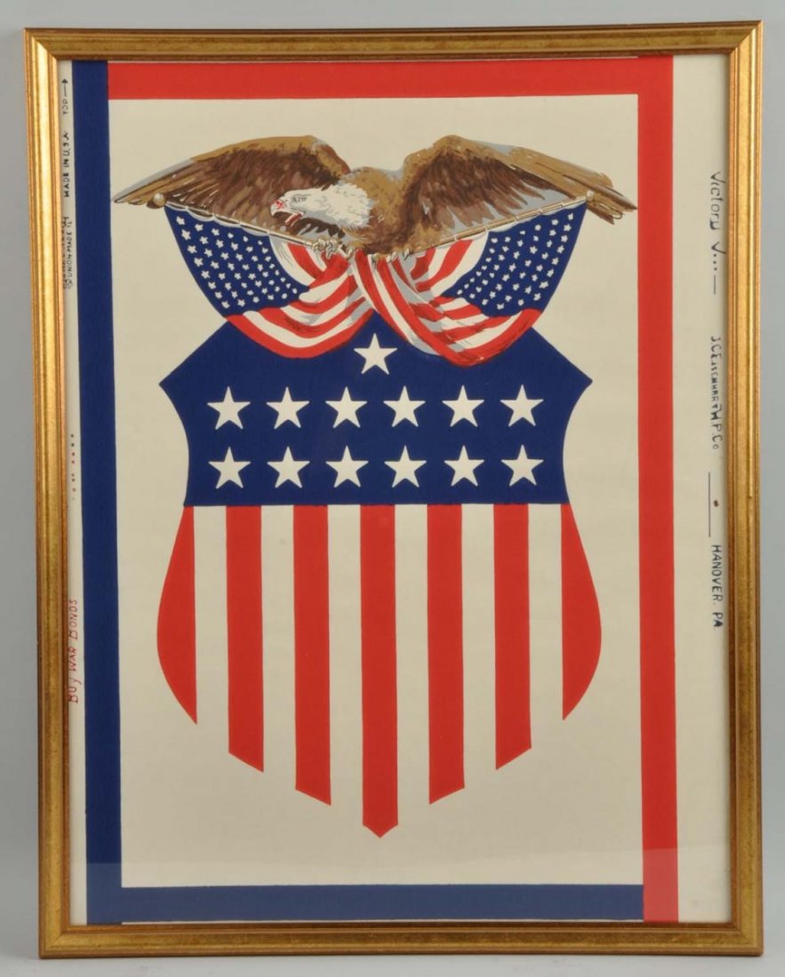 World War II Era Patriotic Sign With Eagle.: Framed. This sign depicts an eagle, two flags and a shield with stars and stripes. Condition (Excellent). Size 26 - 3/4" T. x 21" L.
