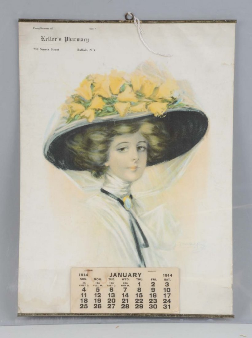 1914 Keller's Pharmacy Paper Calendar.: Featuring artwork by Hamilton King. From Buffalo, New York. A few short closed edge tears with mild edge wear. Elsewhere a few small stains and light soiling. Condition (Excellent). Size 17" T x 12" L