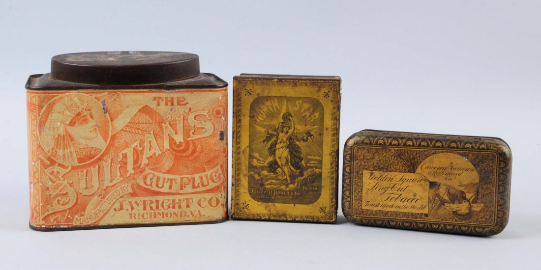 Lot Of 3: Assorted Tobacco Tins.: This lot includes a Sultan's tin, a North star box tin and a Golden square flat tin. Moderate wear overall. Condition (Very Good). Size Largest : 6" L.