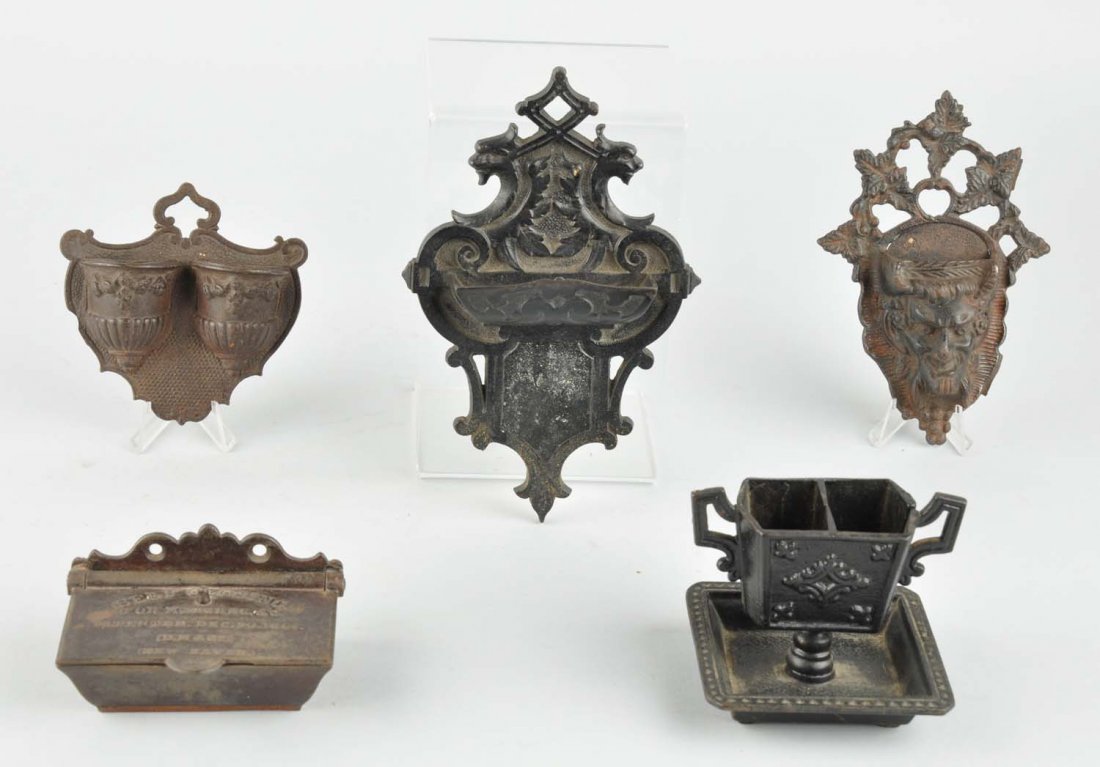 Lot Of 5: Match Holders.: This lot includes three cast iron wall mount match holders and two others. Minor wear only. Condition (Very Good Plus). Size Largest : 7 - 1/2" L.