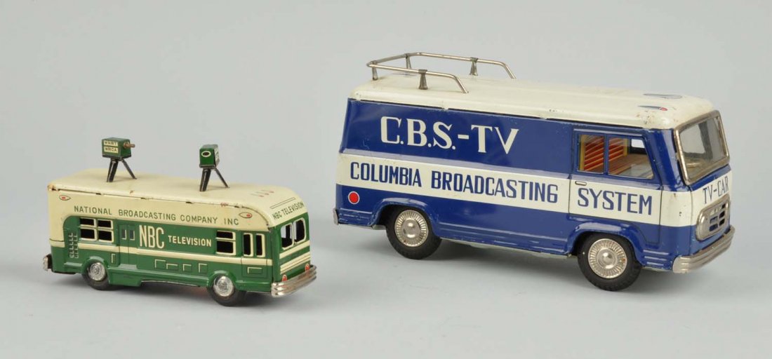 Lot Of 2: Japanese Tin Litho Friction TV Buses.: Both buses have some tin litho scratches throughout. The bigger bus has some discoloration to the bottom tin part. The smaller bus has tin litho scratches and some small spots of oxidation. Condition 