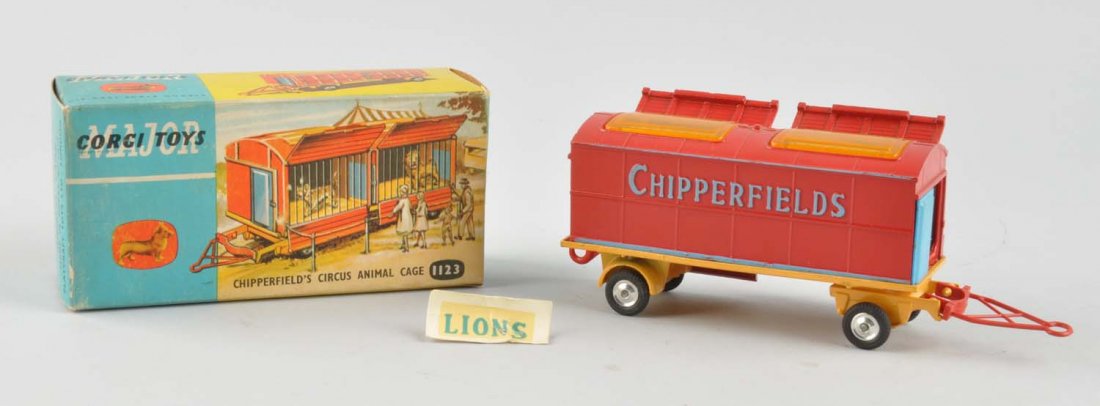Corgi Diecast Chipperfields Circus Animal Cage.: No. 1123. Comes with original box, has some light creasing and slight waving. The cage includes three animals inside the cage, looks like it has been in unplayed condition. Condition (Excellent - Near