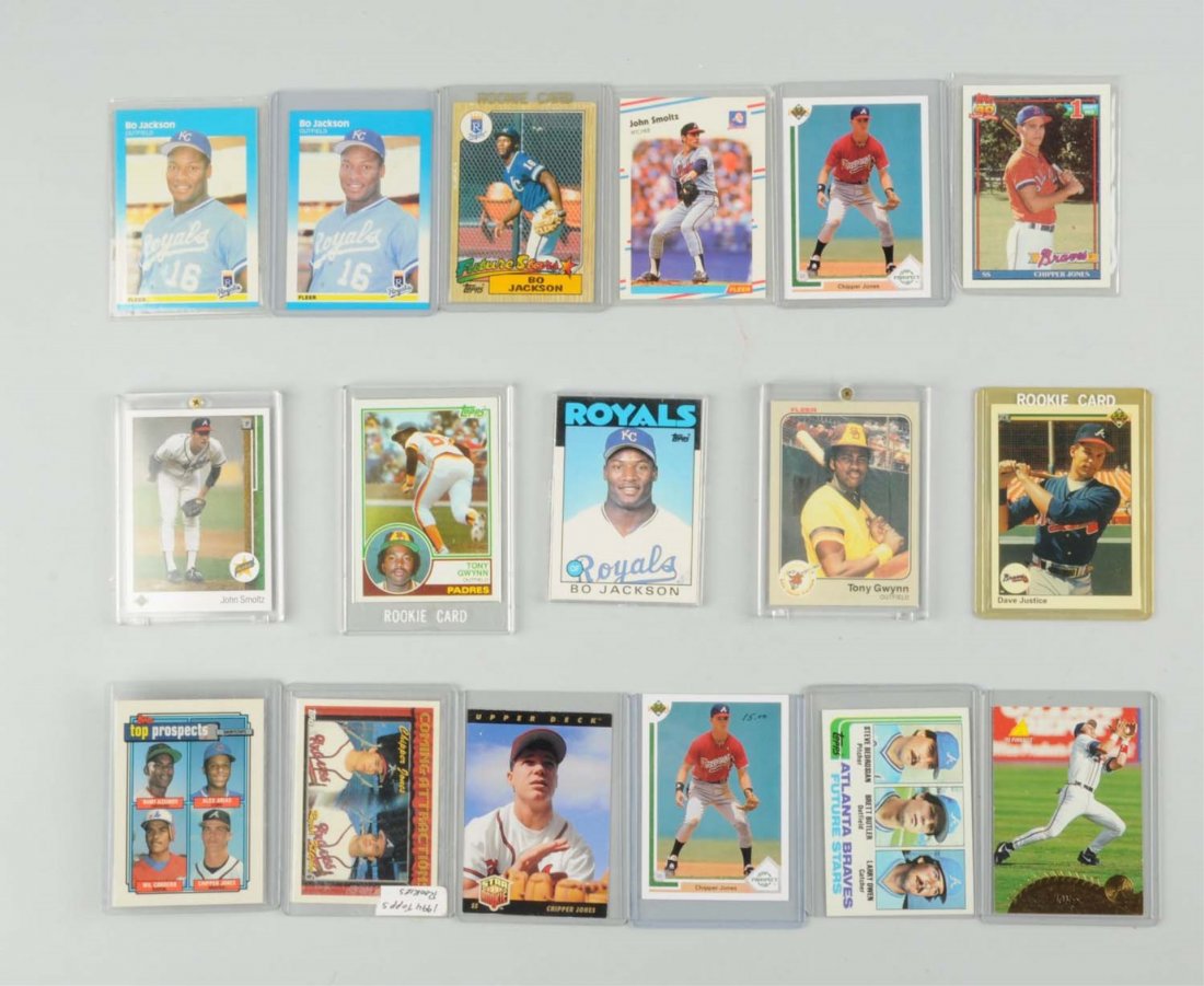 Lot Of 17: Mostly Rookie Baseball Cards.: Including 1983 Topps No. 42 Tony Gwynn, also Fleer No. 360 1983 Tony Gwynn, Upper Deck No. 711 Dave Justice, two John Smoltz cards, one 1982 rookie of Brett Butler, four Bo Jackson cards including one