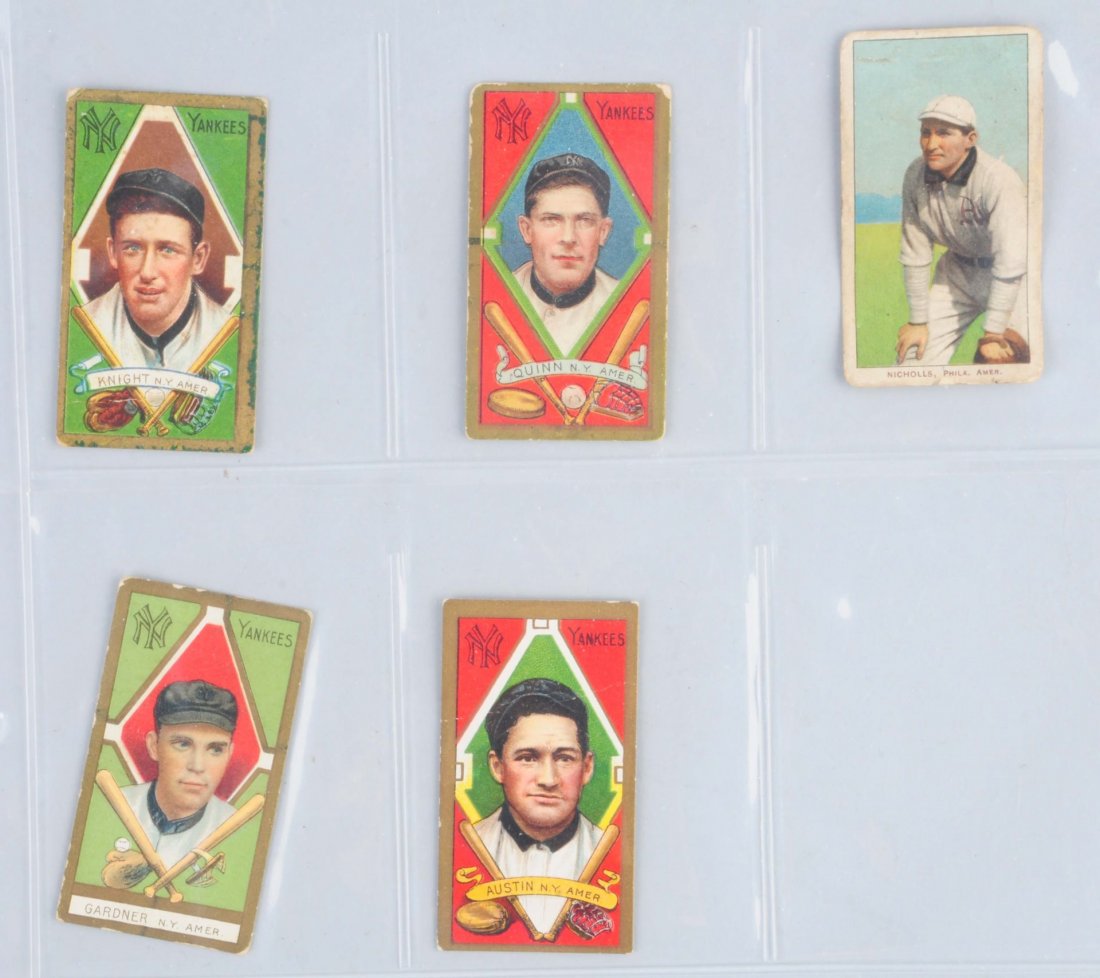 Lot Of 5: Early T-206 & Gold Border Baseball Cards: One t-206 with piedmont back of player Nicholls, four gold border cards, all common players, some creasing and edge wear. The gold borders have two polar bear backs, one sweet Caporal and one Piedmont