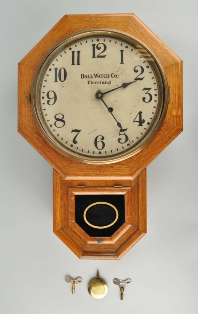 Ball Watch Co. Oak Advertising Wall Clock.: This ball watch Co. advertising clock is in great condition. Only minor wear to face. Two keys included. Condition (Very Good Plus). Size 24" H x 16" W x 3 -1/2" D.