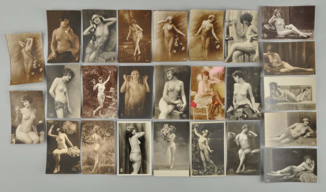 Lot Of 25: French Nude Real Photo Postcards.: This lot includes French real photo postcards by publishers such as P.C., Leo, SAPI, Super, and others. Minor wear overall. Condition (Very Good Plus). Size Each : 5 -1/2" x 3 -1/2".