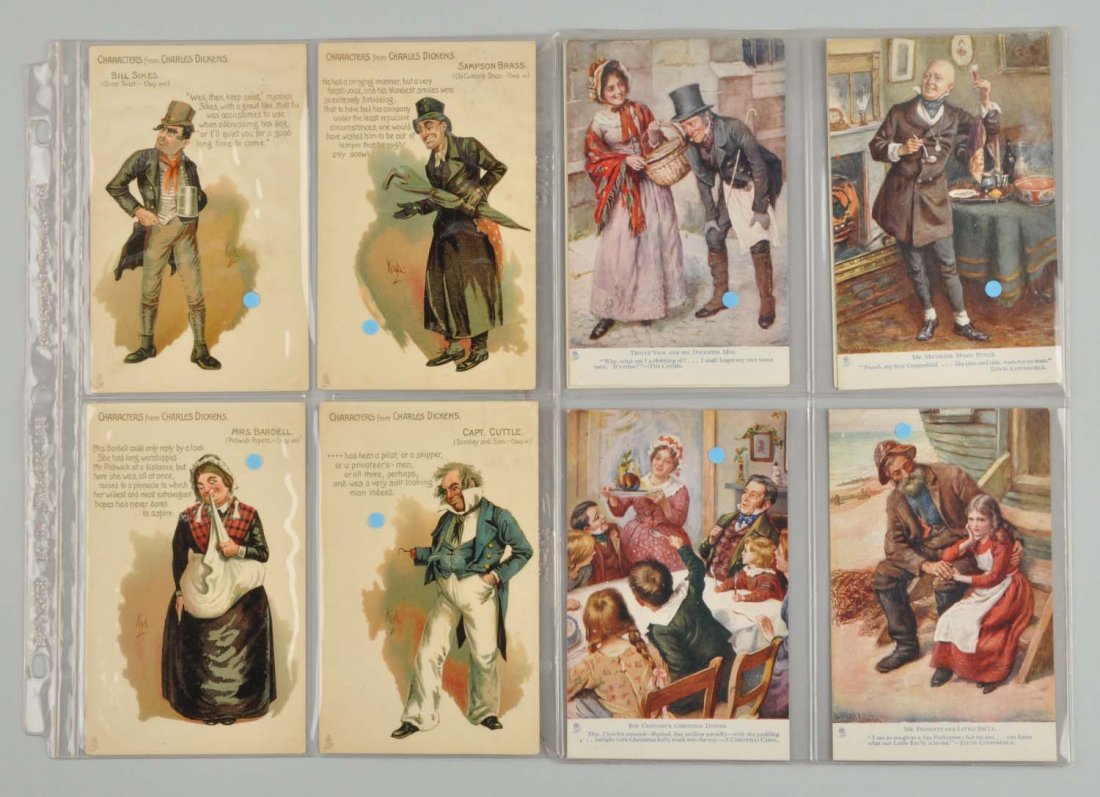 Lot Of 10: Tuck Charles Dickens Postcards.: This lot includes cards from Raphael Tuck's "Character Sketches From Charles Dickens" and "Dickens" sets. Only minor wear. Condition (Very Good Plus). Size Each : 11 -1/2" x 8 -1/2" .
