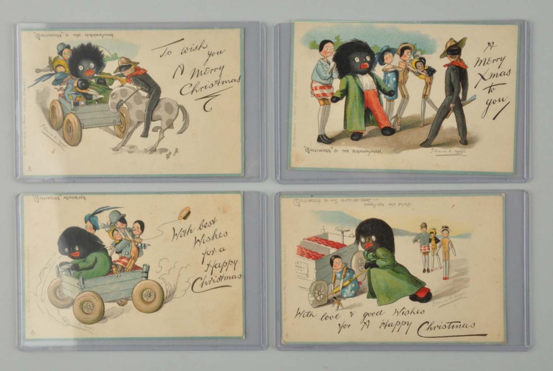 Lot Of 4: Florence Upton Golliwogg Postcards.: This lot of four postcards has moderate corner bumping and a few small stains here and there. Condition (Very Good). Size Each : 6" x 4 -3/8".