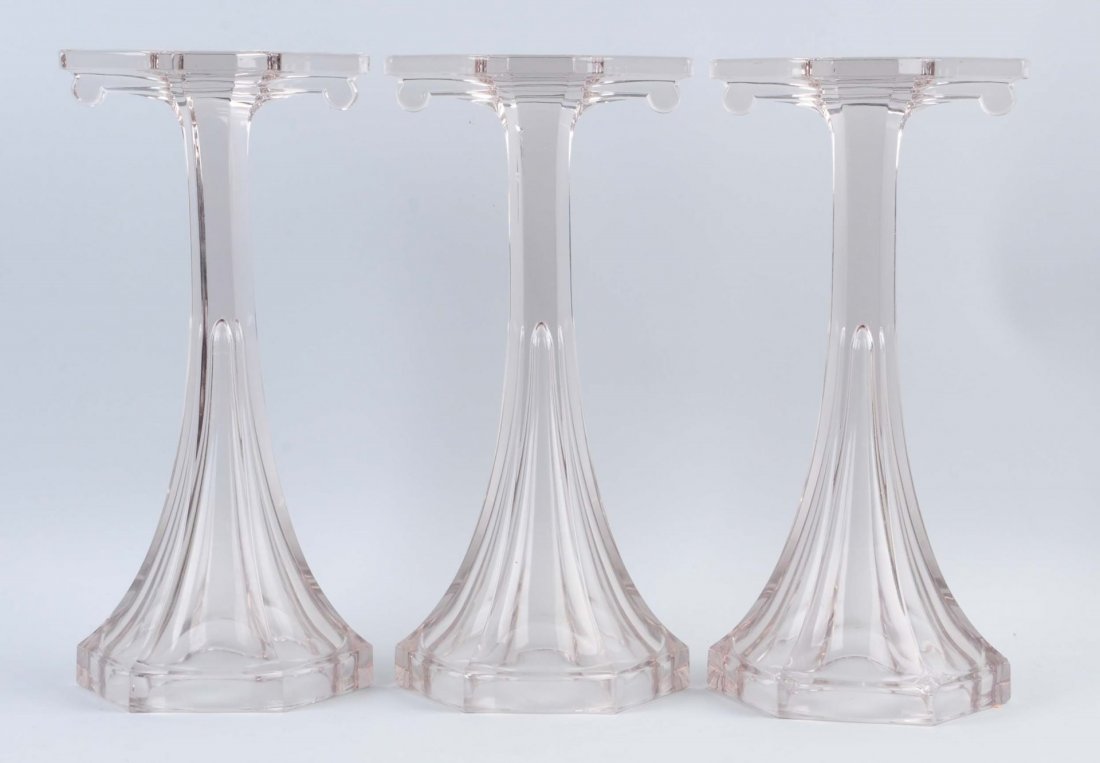 Lot Of 3: Glass Bakery Shop Display Pedestals.: This group of three glass pedestals have a few small chips here and there. One also has a small crack. Several in the making imperfections as well. Condition (Very Good). Size Each: 15 - 1/2" T.