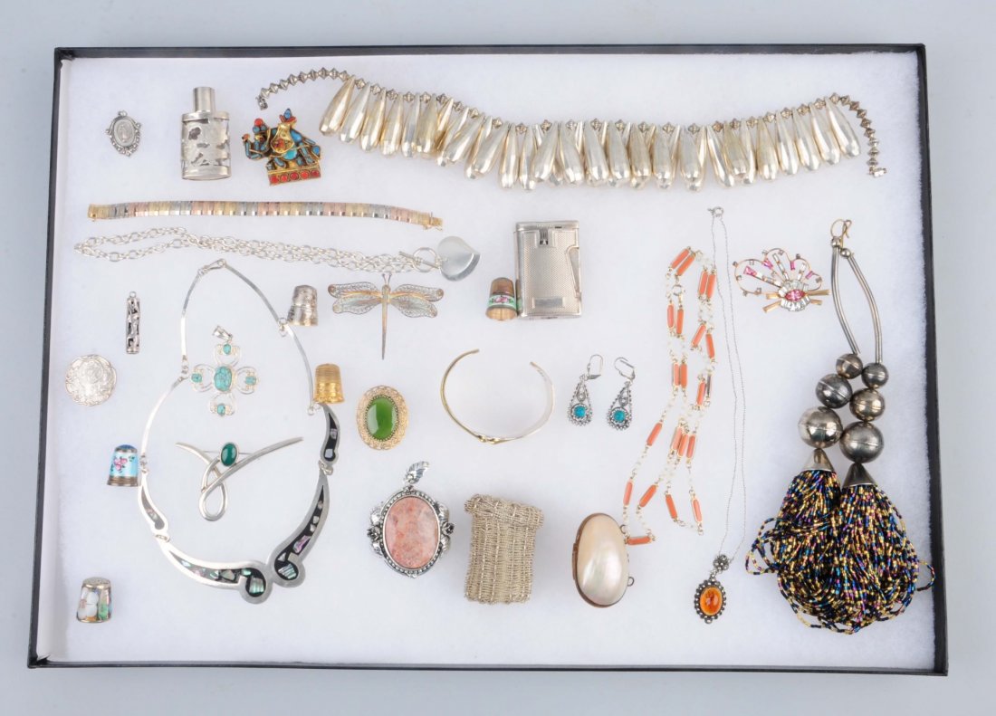 Lot Of 30+: Mostly Vintage Jewelry.: Silver overlay perfume bottle, sterling silver, Ronson sterling silver lighter (works), sterling basket, two silver necklaces, pins, bracelets, thimbles, etc. Condition (Excellent).