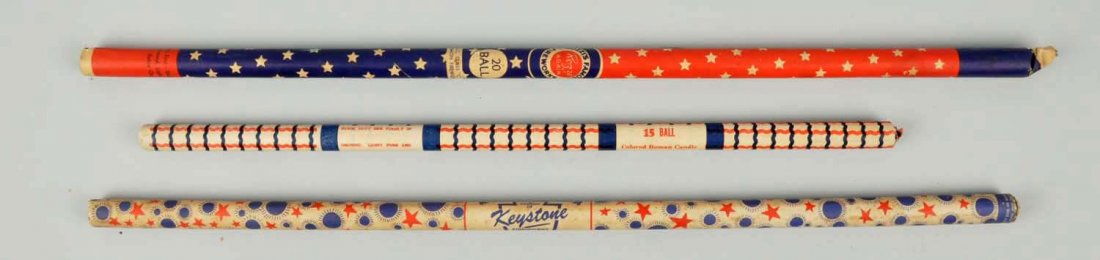 Lot Of 3: Roman Candles From 1940s-1950s.: Inlcudes: ROZZI Famous Fireworks of Ohio 20 ball, 1950s; Keystone fireworks, Dunbar, PA 20 ball 1940s; Rare Havre de Grace 15 ball, 1954. Condition (Excellent). Size Largest: 27" T.
