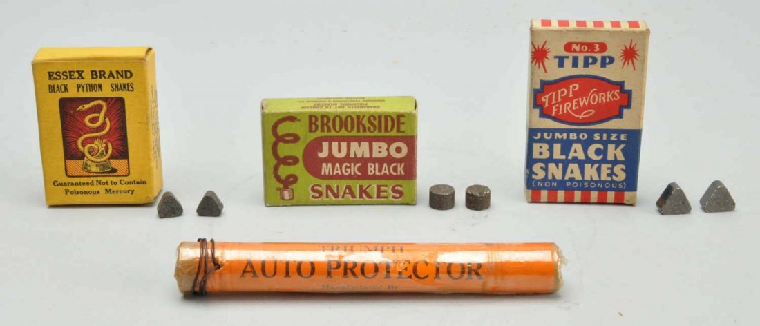 Lot Of 4: Old-time Snakes And Auto Protector.: Includes: Essex Specialty, Berkeley Hts, NJ 1920s snakes, full box. Brookside Pyrotechnics, Elkton, MD 1950 full box. 1930s Tipp Fireworks Co, Tipp City, OH, full box. Triumph Fusee, Eklton, MD Auto P