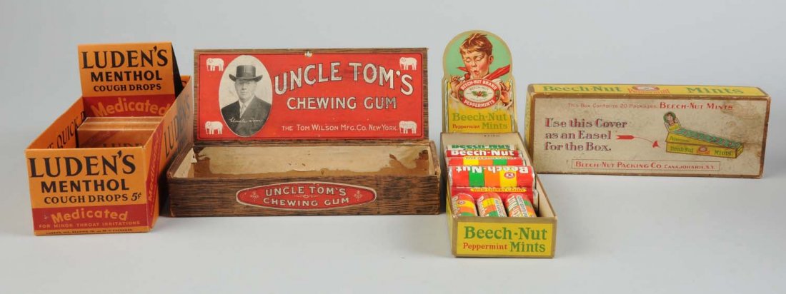Lot Of 3: Product Boxes.: This lot includes a Luden's Cough Drop vendor box with five boxes, a Beech-Nut Peppermint Mints vendor box, and an Uncle Tom's Chewing Gum vendor box. Some soiling to the Beech-Nut Mints box lid. Mino