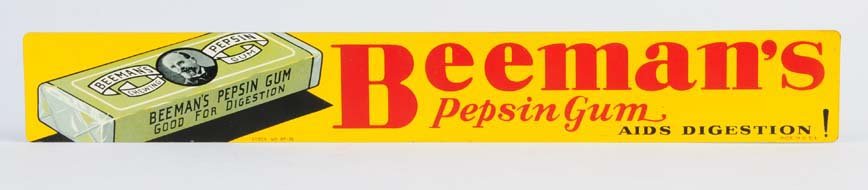 Beeman's Pepsin Gum Tin Strip Sign.: This sign is in wonderful condition with no wear or damage. Condition (Excellent Plus). Size 17" L. x 2 - 1/2" T.