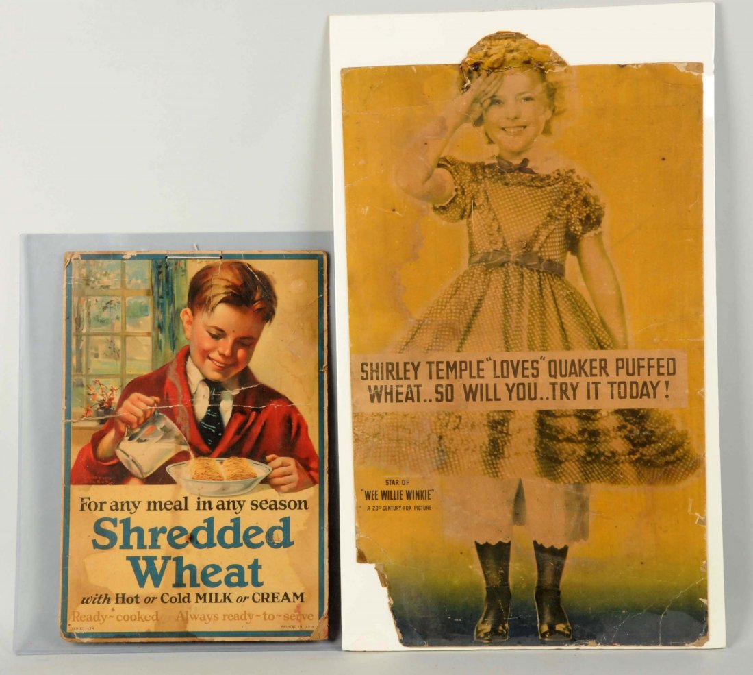 Lot Of 2: Early Cereal Advertisements Signs.: This lot includes a cardboard Quaker Puffed Wheat sign featuring Shirley Temple in "Wee Willie Winkee". Heavy wear, fading along with a missing corner piece. Also included is a shredded wheat sign wit