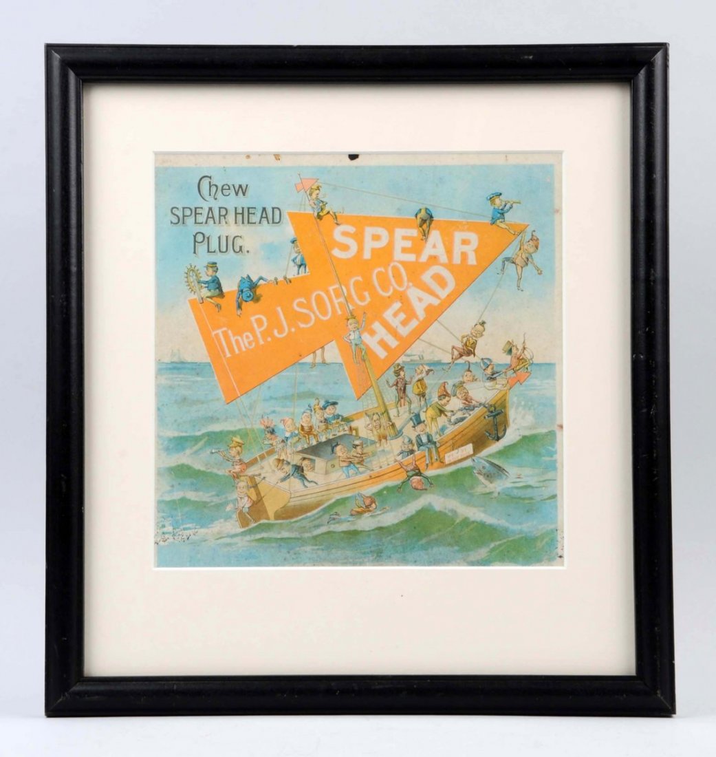 Spear Head Plug Tobacco Cardboard Sign.: Framed. This sign depicts a boat load of Brownies on a sailboat. Some foxing and edge nicks. Great image. Condition (Very Good). Size 15 - 1/2" T. x 14 - 1/2" L.