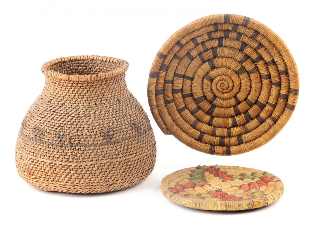 Lot Of 3: Hopi Indian Plaques And A Basket.: The plaques come from the Hopi pueblos of Arizona. The wicker basket comes from the Hualapi tribe whom reside along side the Hopi in the Grand Canyon area. Size Largest: 6'' T.