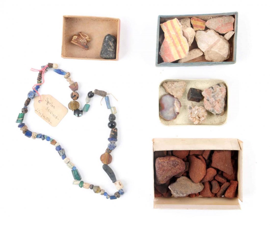 Lot Of 5: Fragments.: Two groups from Egypt and a third from Pompeii as well as an ancient Syrian. Glass made necklace and two small fragments from the same area. Five small boxes of labeled material. Size Largest Box: 3-1