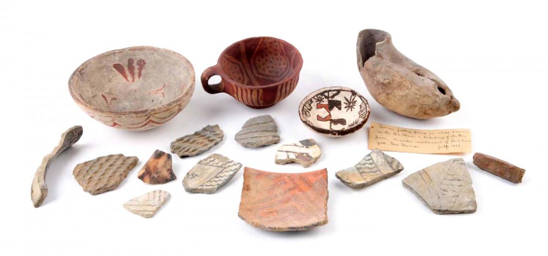 Lot Of 4: Southeast Indian Pottery Pieces.: Acoma or laguna small pueblo bowl, one medium acoma or laguna pueblo bowl. One lot of prehistoric southeastern fragments and a fragmentary Anasazi stirrup, effigy, type bottle. One intact mojave or yu