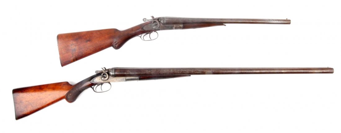 Lot Of 2: Antique SxS Shotguns.: Serial # 31467 & 47393 The first is a Bayard 12 gauge double hammer with 18-1/2" barrels. Excellent bores. Rib dated 1892. Twist barrels. Metal is grey patina. Face is tight. Double triggers. Action w
