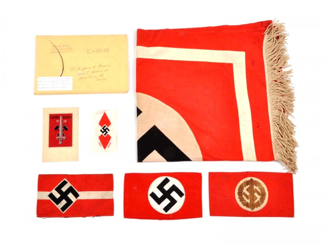 Lot Of 6: German Flags & Armbands.: Nazi banner is 27" by 30" with fringe. Hitler youth silk ribbon is 2 - 1/2" by 4 - 1/2". Hitler youth arm band is in good condition. Party arm band is in good condition. Sports arm band is in excellen