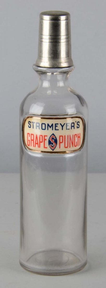Stromeyer's Grape Punch Glass Bottle: Clear glass bottle has Stomeyer label under glass and metal cap. Condition (Excellent). Size 12-1/2" T