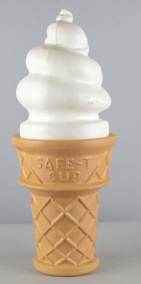 Safe-T-Cup Blow Mold Ice Cream Cone: White and tan soft serve ice cream cone 3D sign. Has an older UL sticker on the bottom. Can be lit up by adding a cord, bulb and socket. Came from the Hollywood movie Prop House; Art Deco L.A. Conditi