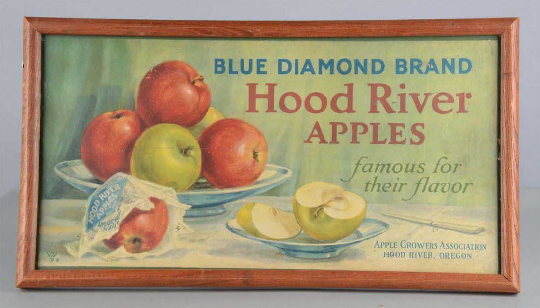Blue Diamond Brand Hood River Apples: A lithograph advertisement for Blue Diamond Brand Hood River Apples. Some small holes and a crack. It is in a wood frame with a glass front. Condition (Fair). Size 12-1/4" x 22-1/4" x 1-1/4"