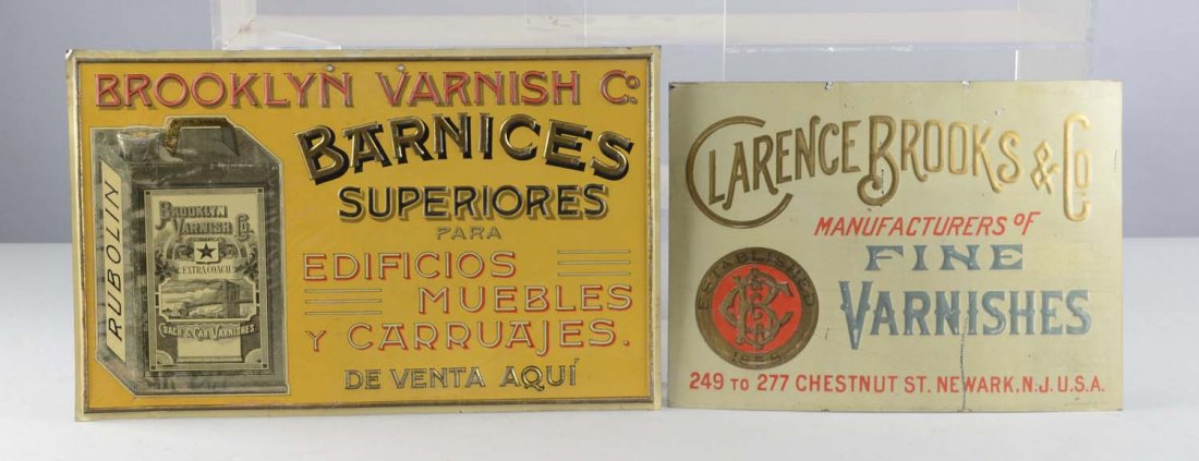 Lot of 2: Embossed Tin Litho Varnish Signs (1 of 2)