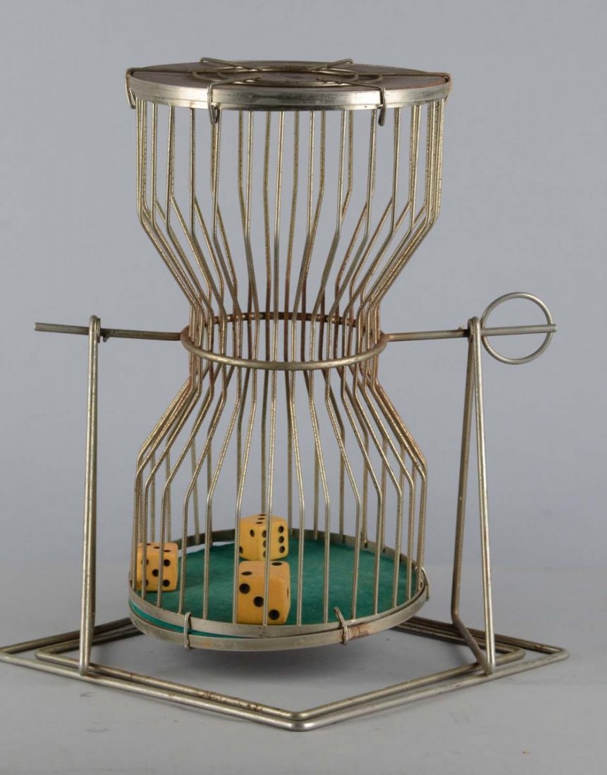 Chuck-A-Luck with Three Dice: Rotating chuck-a-luck machine with green felt. Includes three dice. Condition (Excellent). Size 18" T.