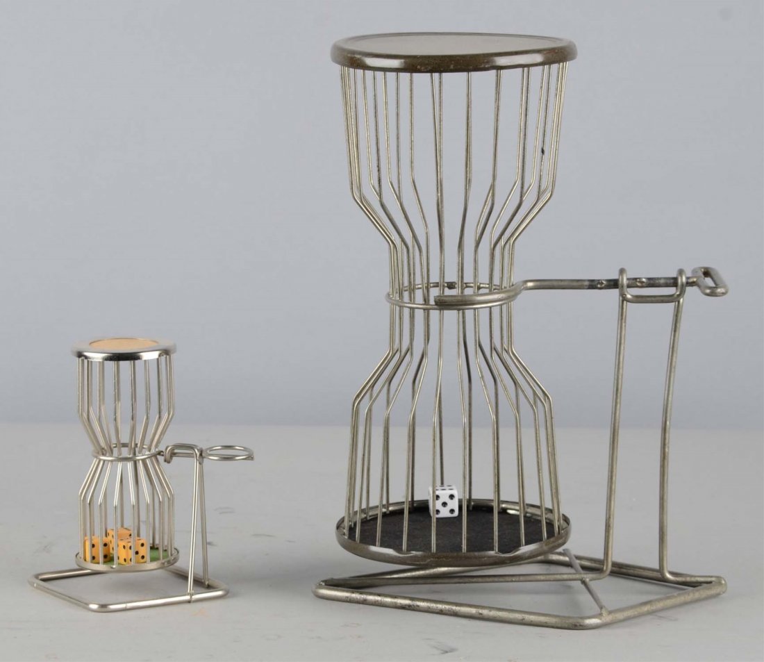 Lot Of 2: Chuck-A-Luck Game Hourglass Wire Cages: Includes 1 - smaller cage with 3 dice (5-1/2" T.) and 1 - with one die (12" T.). Both turn and both are made of metal. Condition (Very Good). Size Largest: 12" T.