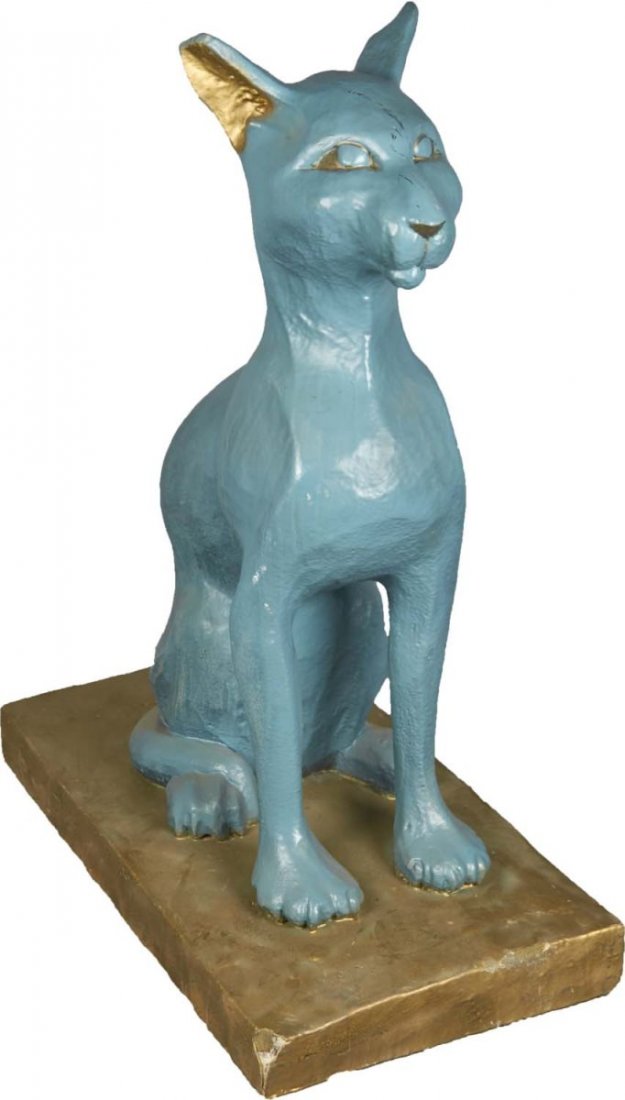 Blue Egyptian Sphinx Cat On Base Prop: Came from a movie prop house. Base measures 21" x 39". Condition (Good). Size 51" T.