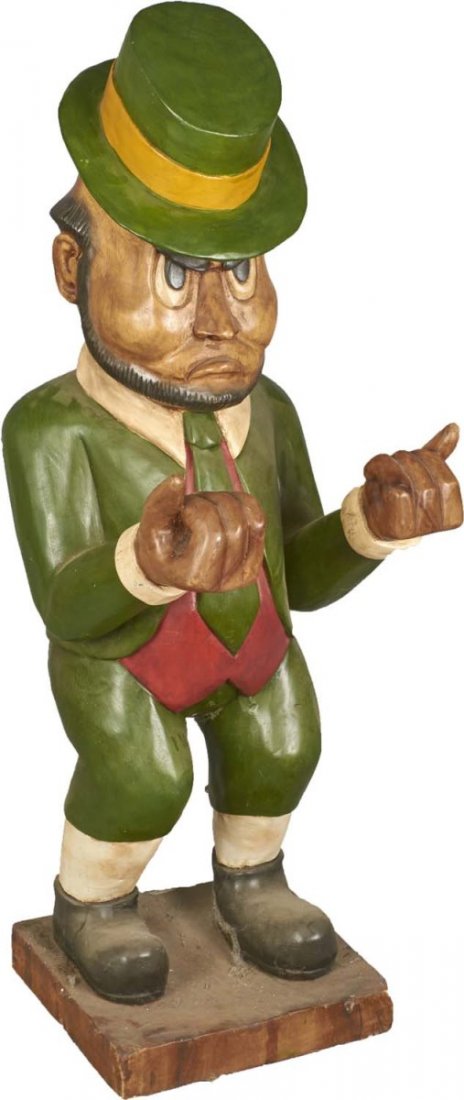 Carved Wooden Painted Leprechaun: This contemporary life-size figure came from a movie prop house. Condition (Very Good). Size 15" x 26" x 51"
