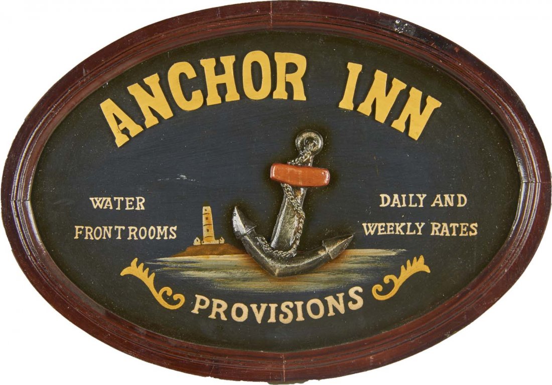 Lot Of 3: Hotel / Motel / Inn Hospitality Signs: Includes 1 - "Anchor Inn Daily And Weekly Rates", 1 -"Blue Dolphin Inn Waterfront Cottages", and 1- "Morning Call Early To Bed Early To Rise" featuring a rooster. All are contemporary pieces, but have