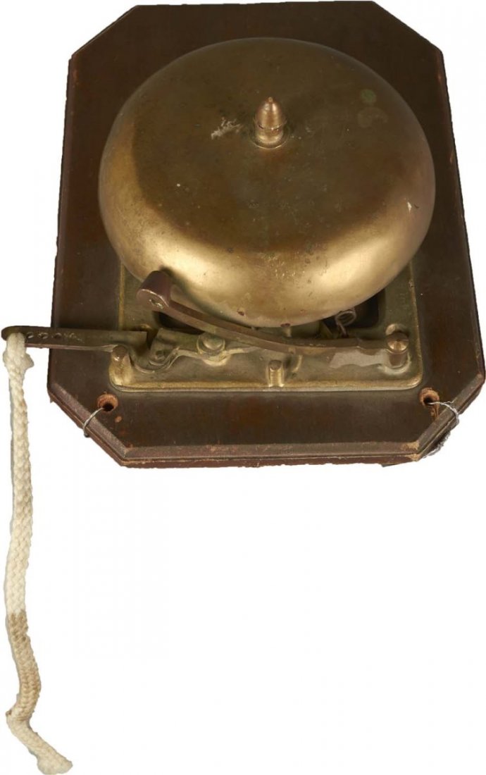 Antique Brass Boxing Ring Bell: Mounted on wood plaque. Came from a movie prop house, and uses included a 2006 episode of "Stargate" and "True Blue". Circa 1930s. Condition (Very Good). Size 10" x 4" x 13"