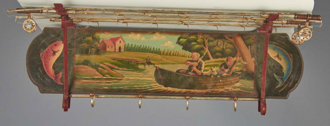 Fishing Themed Coat Rack / Shelf: Ribs of rack resemble fishing poles and reels. Made of wood and metal. Came from a movie prop house. This is a contemporary piece. Condition (Very Good). Size 12" x 37" x 12"