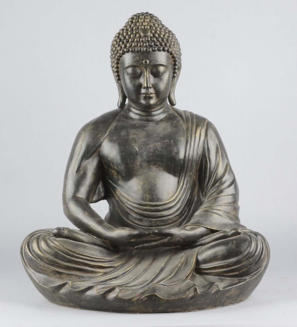24" Sitting Black Buddha: Made of hollow dark plastic resin fiberglass material. Came from a movie prop house, and uses include "Fringe". This is a contemporary piece. Condition (Excellent). Size 20" x 16" x 24"