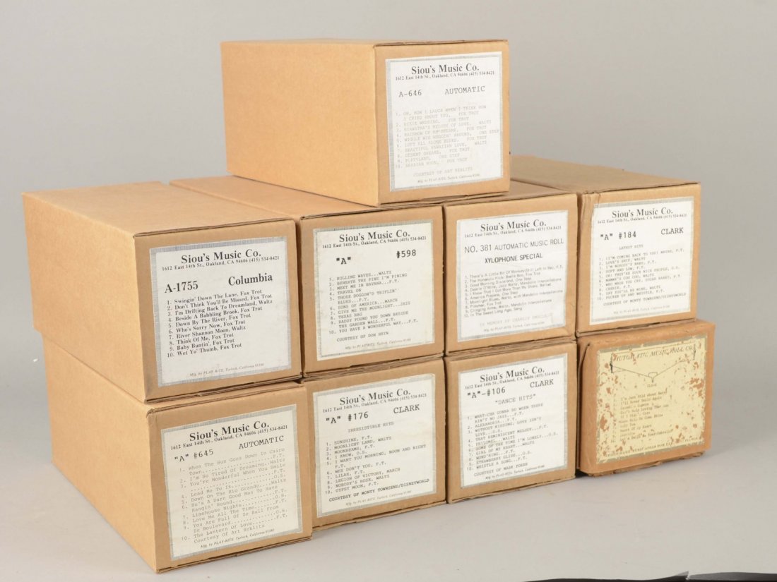 Lot Of 9: A-Type Fat Spool Player Piano Rolls A106: Each roll has approximately 10 songs each. Plays in machines that can take this type fat ten song style roll. Each roll is in excellent or better condition. A little exterior wear may exist to some of